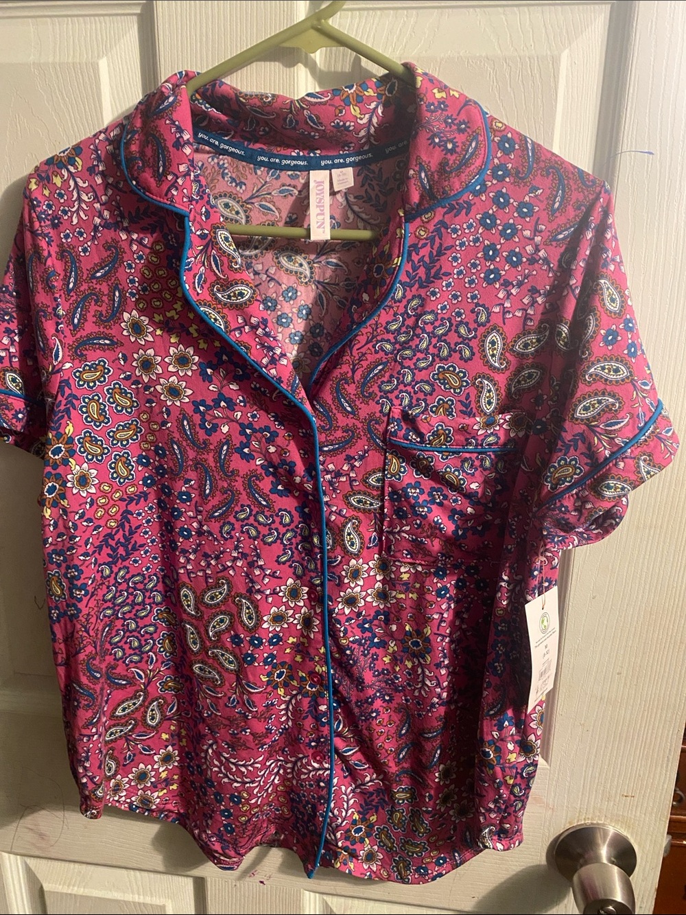 Short-Sleeve Paisley Button-Down Sleep Shirt in Magenta